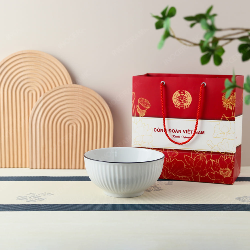 Quà tặng Công Đoàn - Chén cơm men trắng sọc chỉ in logo
