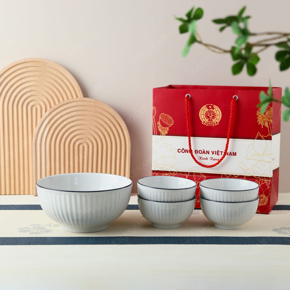 Quà tặng Công Đoàn - Bộ 5 món 1 bát 4 chén men trắng sọc chỉ in logo