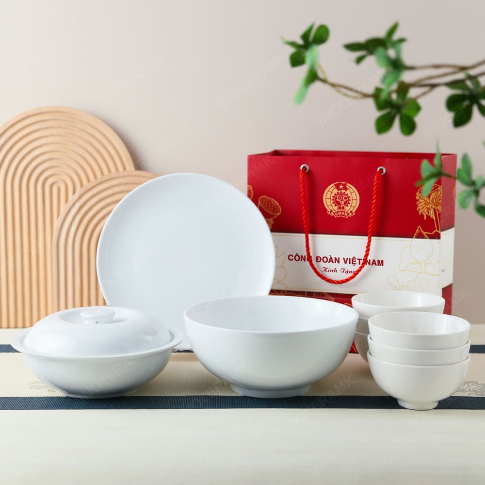 Quà tặng Công Đoàn - Bộ 9 món 1 bát 1 thố 1 dĩa 6 chén men trắng in logo