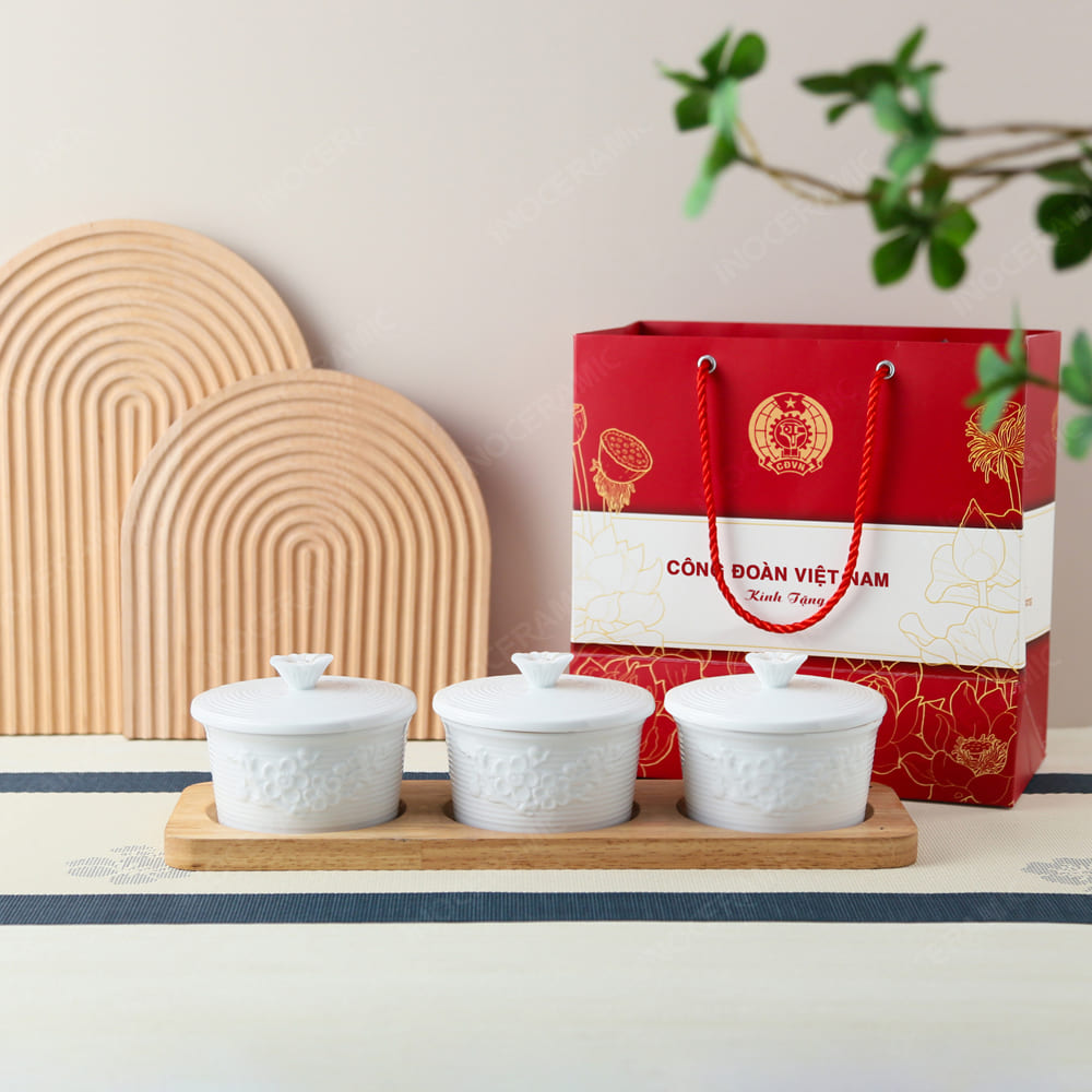 Quà tặng Công Đoàn - Bộ 3 hủ đựng nước chấm men trắng in logo