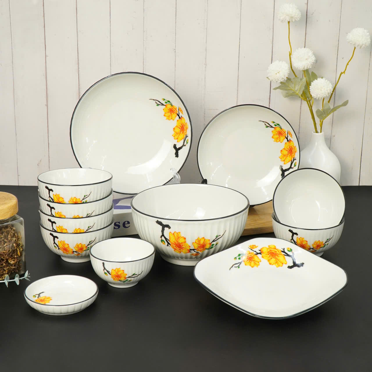 Quà tặng Công đoàn - Bộ bàn ăn 12 món Hoa Đào sọc chỉ in logo